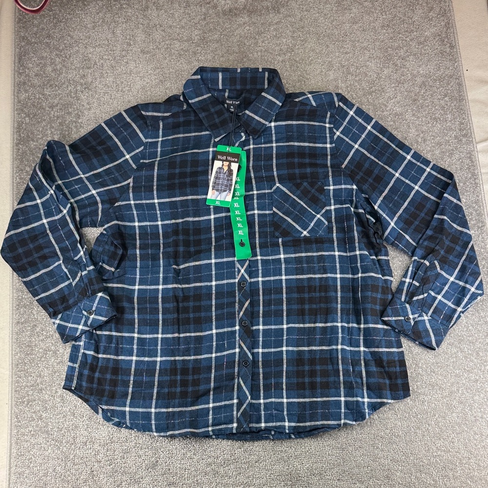 NWT Well Worn Long Sleeve Button Up Shirt Blue White Plaid Womens XL